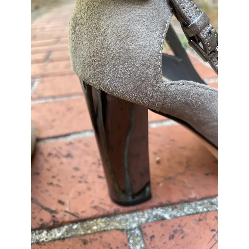 Cole Haan Slingback Peep Toe Pumps Sz 5B Taupe Suede Metallic Trim Block Heel